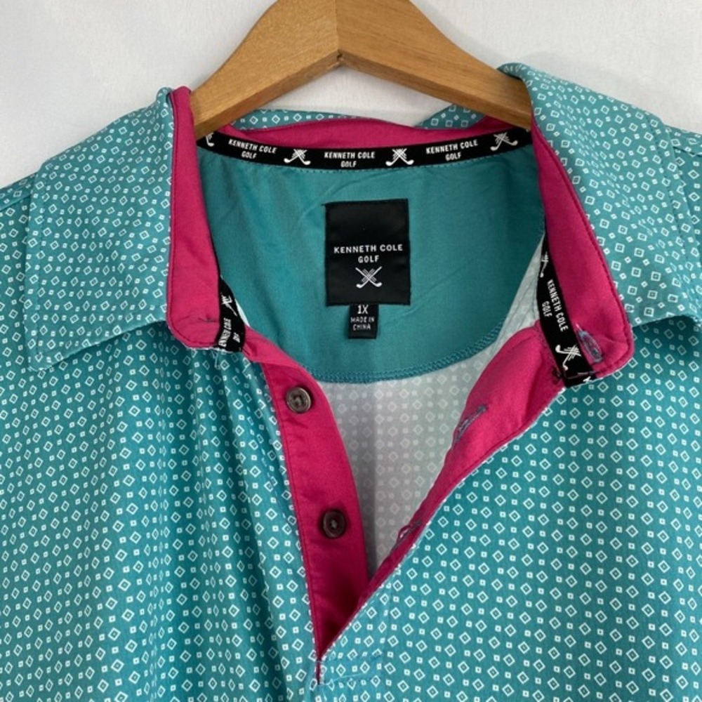 Kenneth Cole AOP Geo Golf Polo Men Size 1X Teal Athletic Performance NWT - Picture 4 of 9